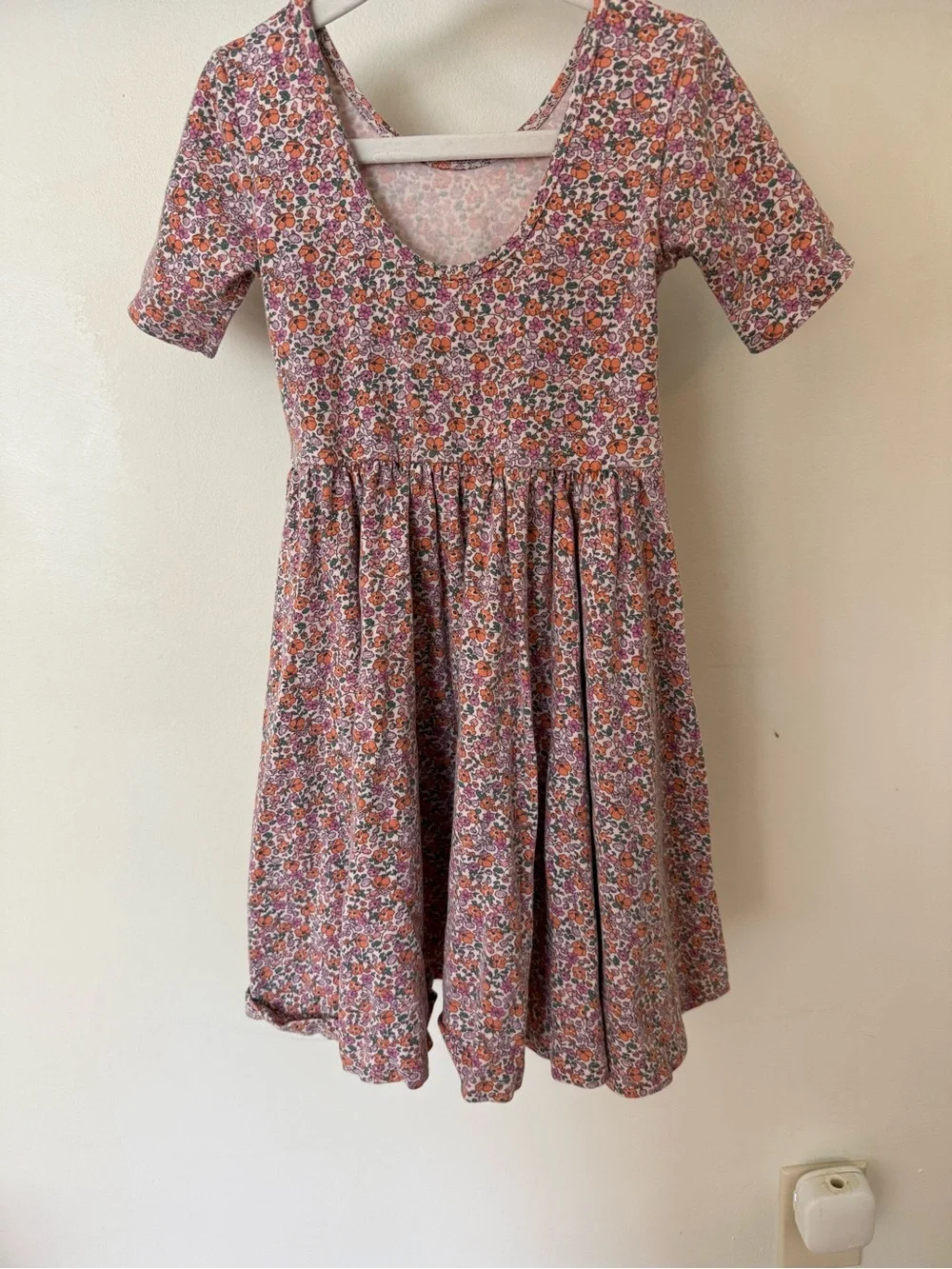 Girls Pink Floral Short-Sleeve Gathered Waist Dress